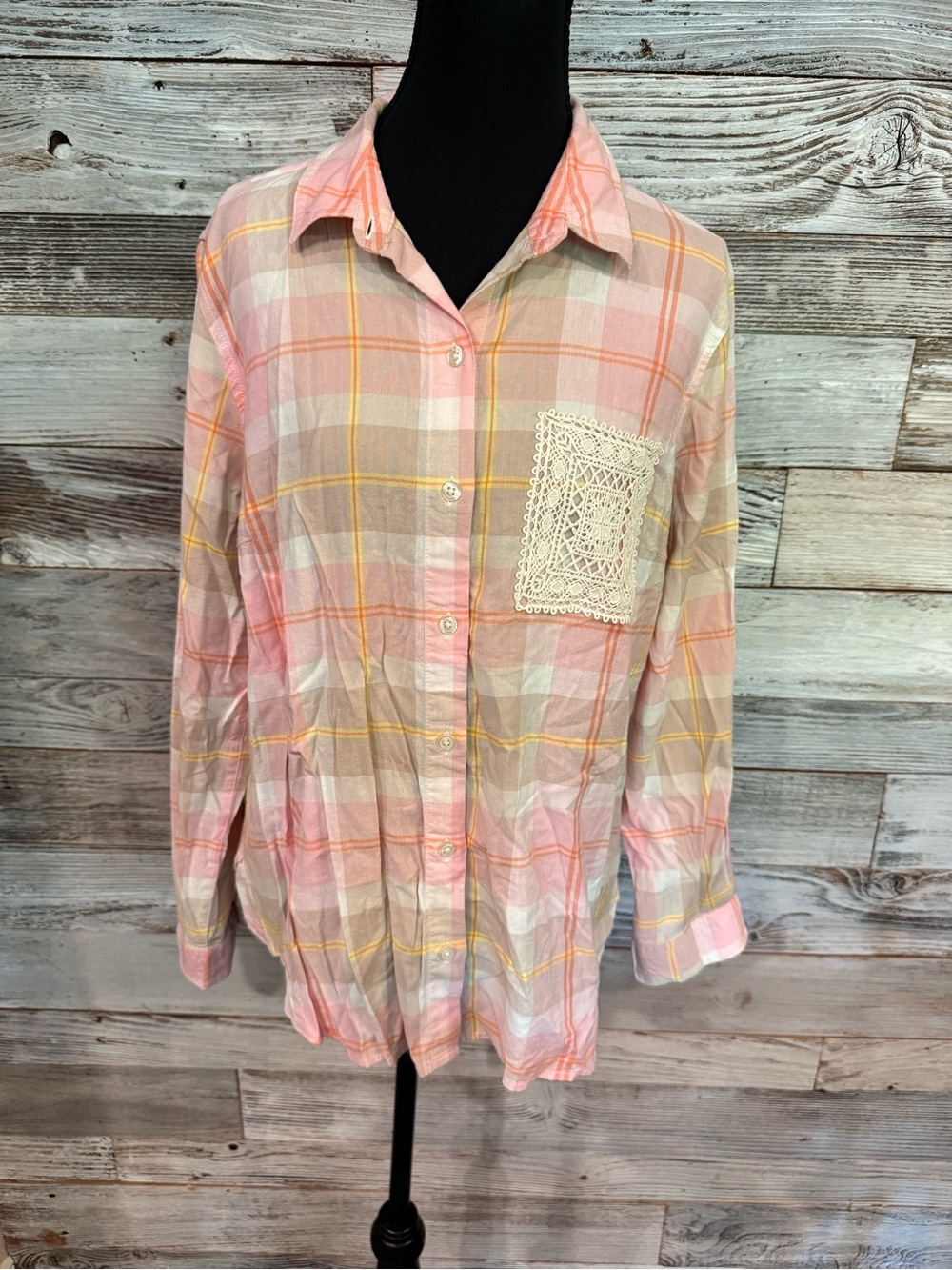 Hannah Pink Plaid Button-Down Shirt with Lace Crochet Pocket